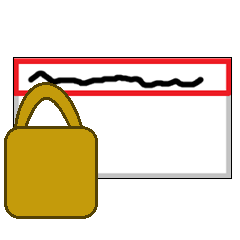  An empty white name tag with a red box at the top containing a black squiggle to represent text. Over the lower left corner is a large golden padlock.